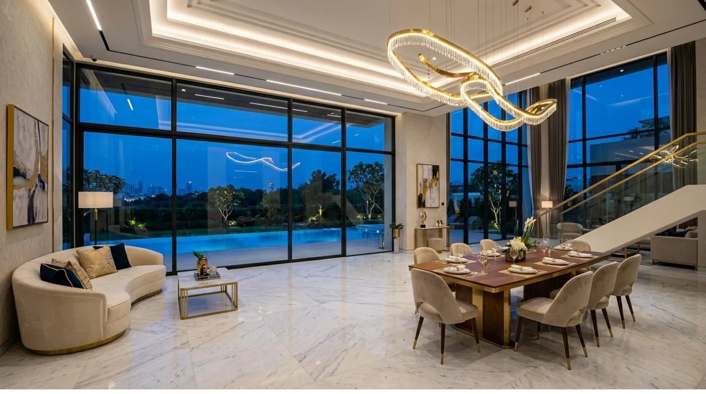 Luxury modern home interior with marble floor and elegant chandelier design