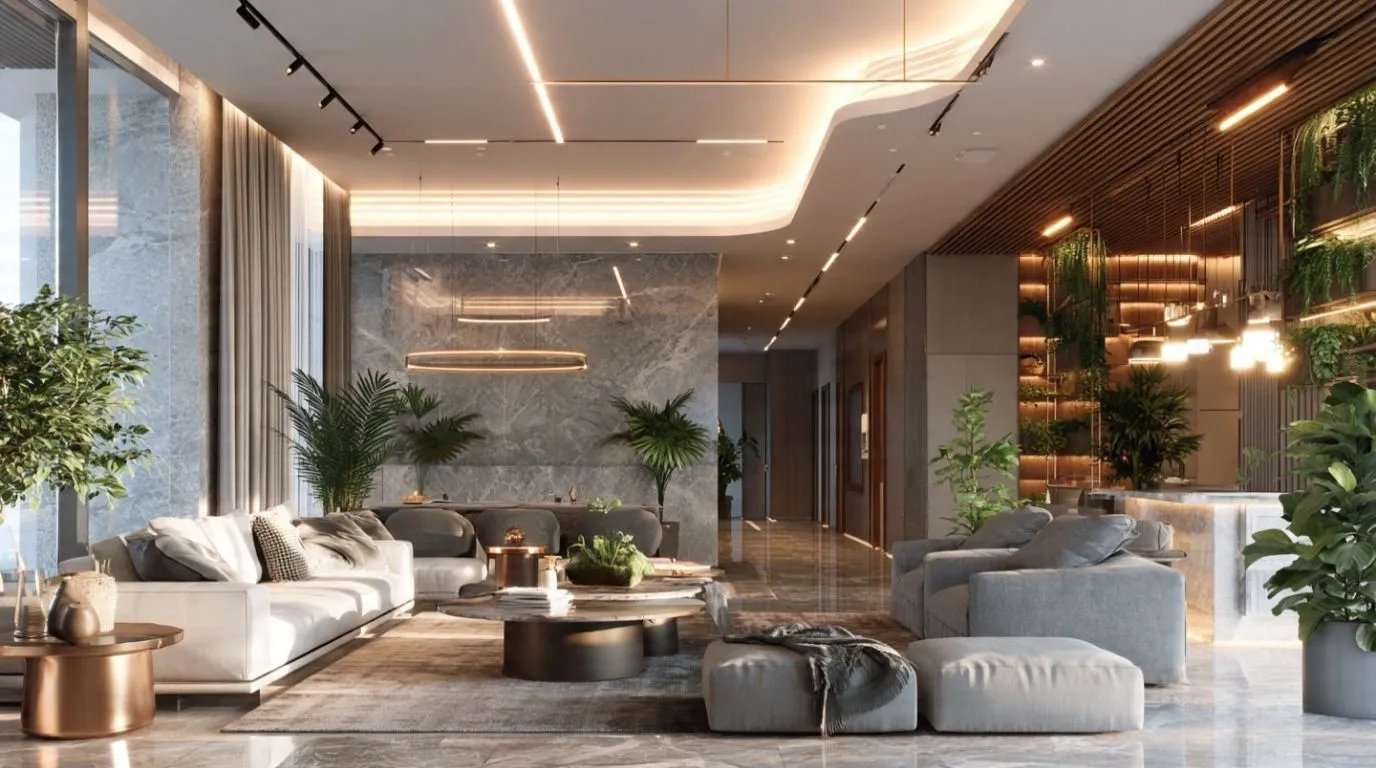 Eco-friendly living room with natural wood, smart lighting, neutral tones, and indoor greenery.