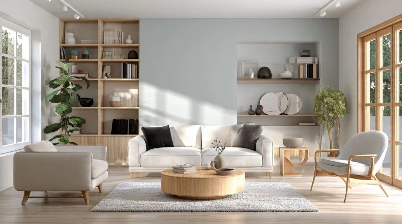 Organized modern living room with clean minimalist and clutter-free home design