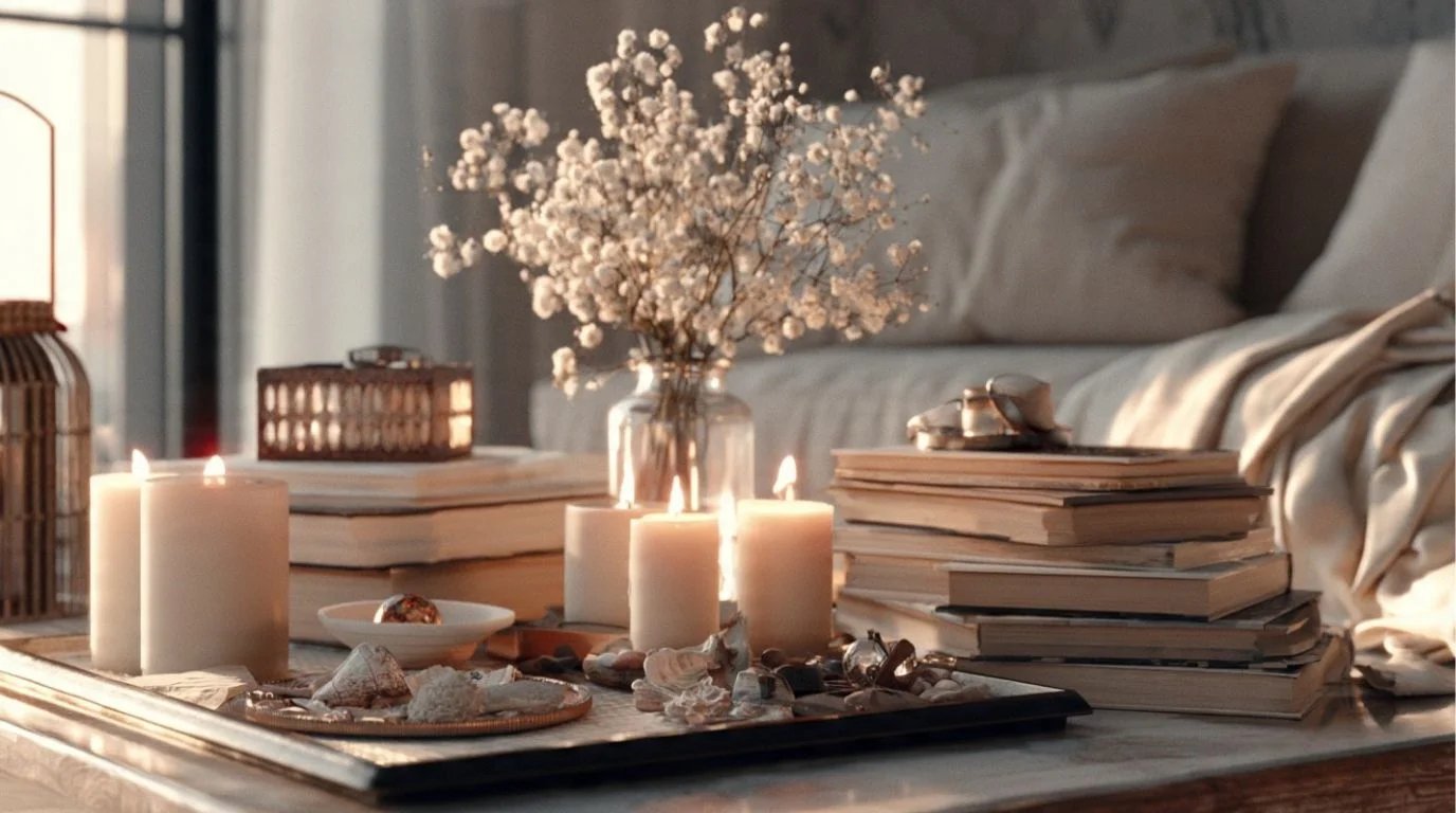 Personal home decor accessories with candles books and aesthetic styling corner