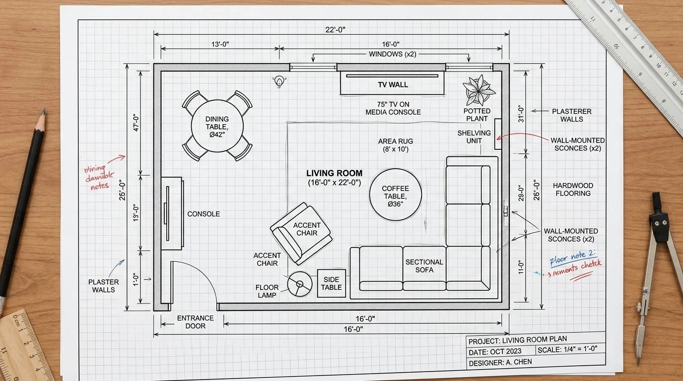 Living room layout planning with furniture arrangement and interior design blueprint.
