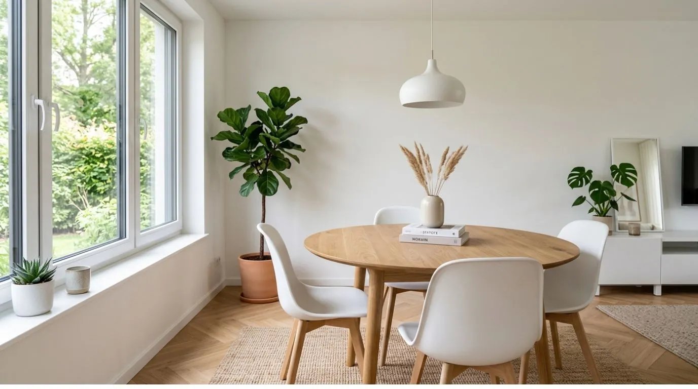 Scandinavian dining room with wooden table and natural sunlight