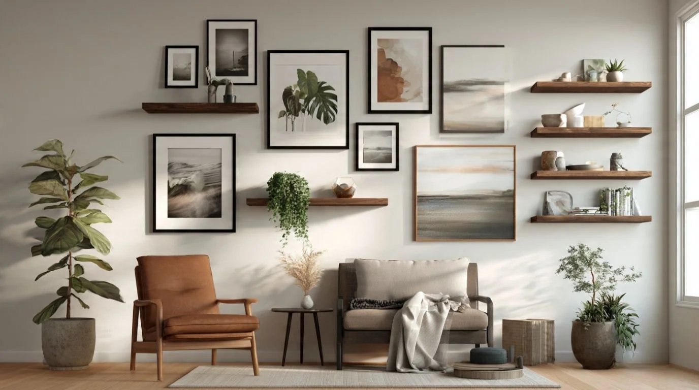 Stylish wall decoration with photo frames and modern interior art design