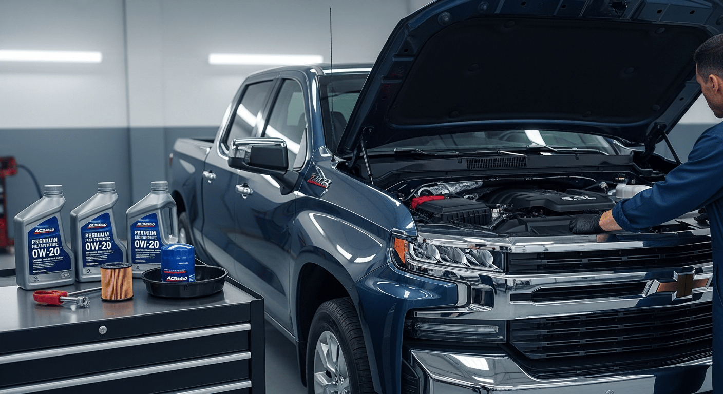 2019 Silverado 5.3 oil capacity engine bay with full synthetic motor oil during oil change