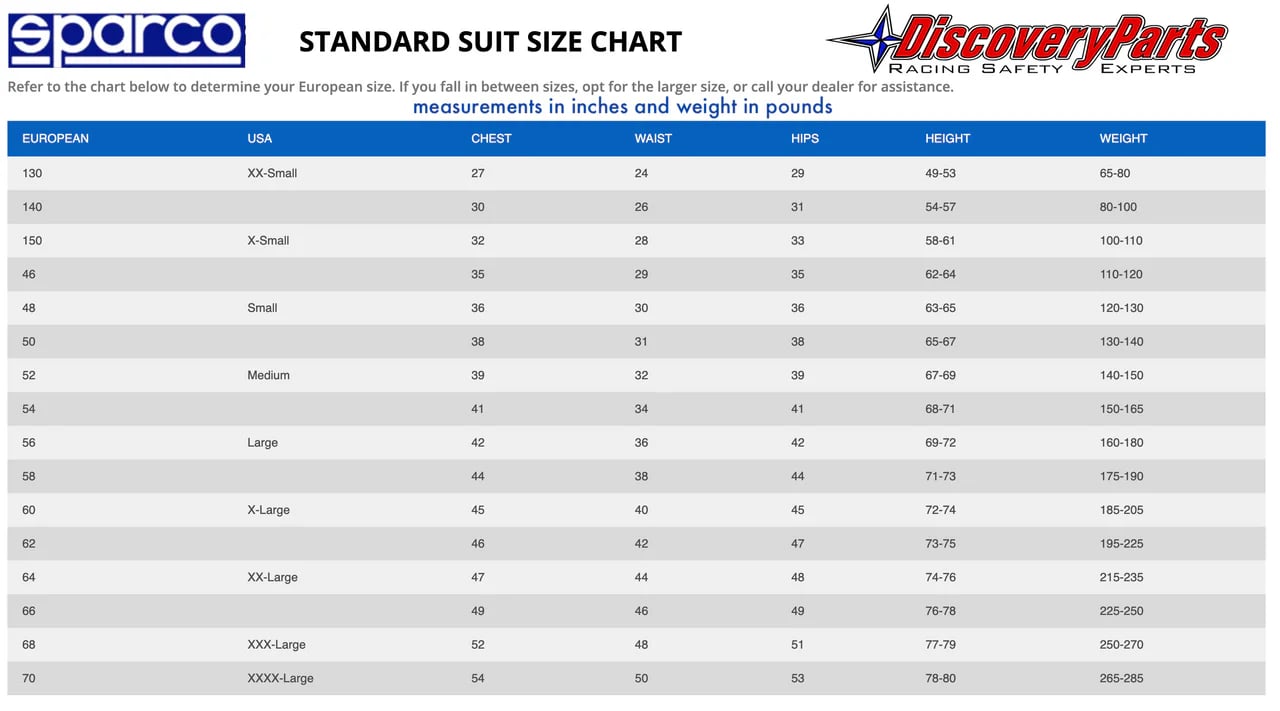 sparco sizing chart US and Europe
