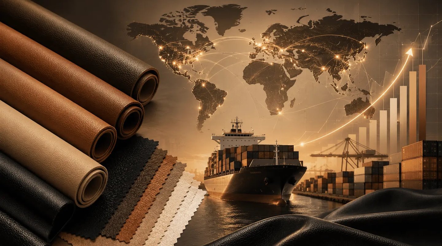 Rolls of premium leather and swatches next to a cargo ship for global trade and leather export logistics.