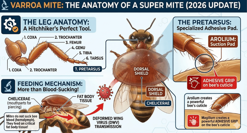 Detailed infographic of Varroa destructor anatomy, showing leg segments (coxa to tarsus), the aroliu
