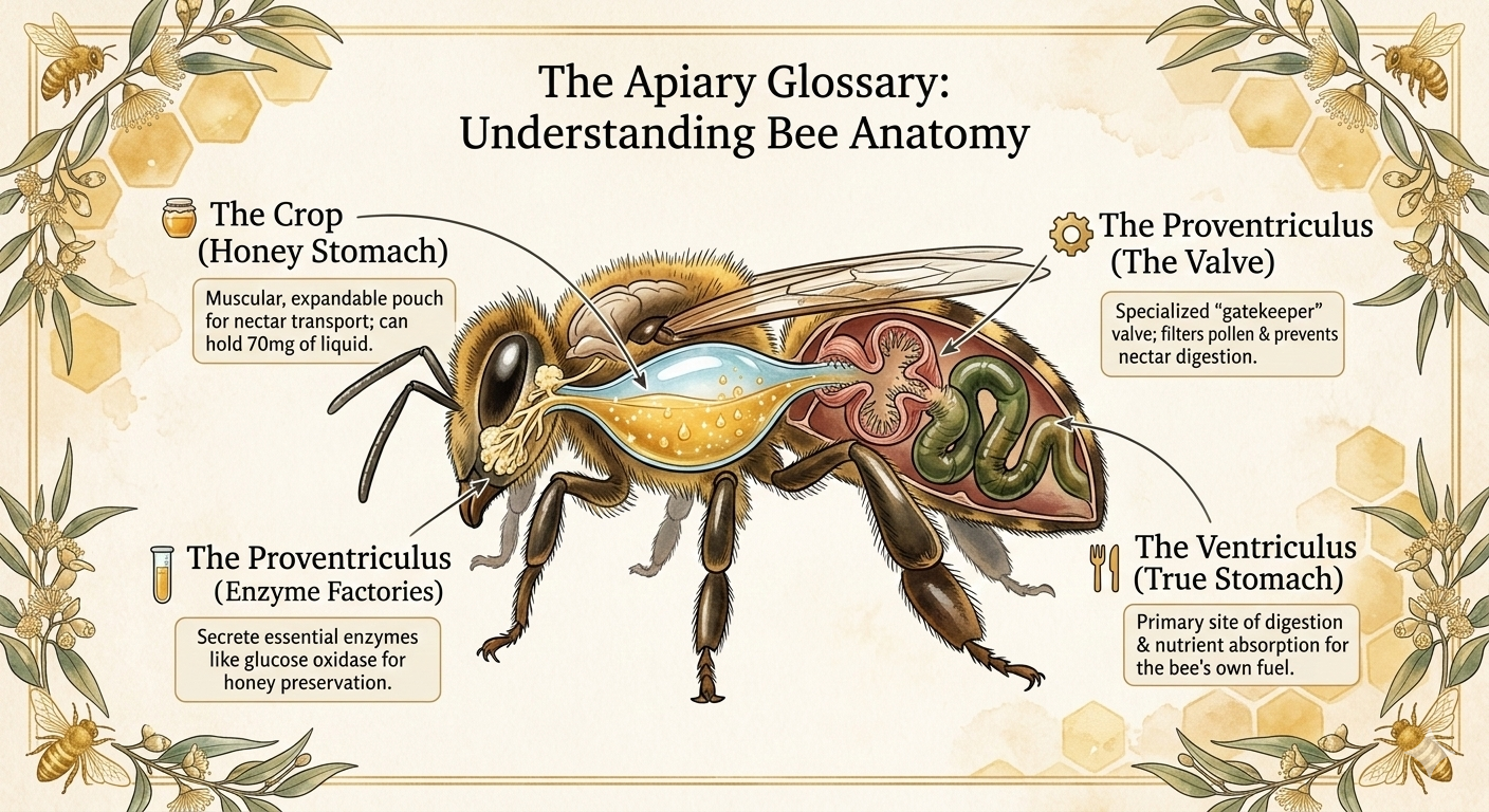 the image is about bee anatomy and how bees have 2 stomachs