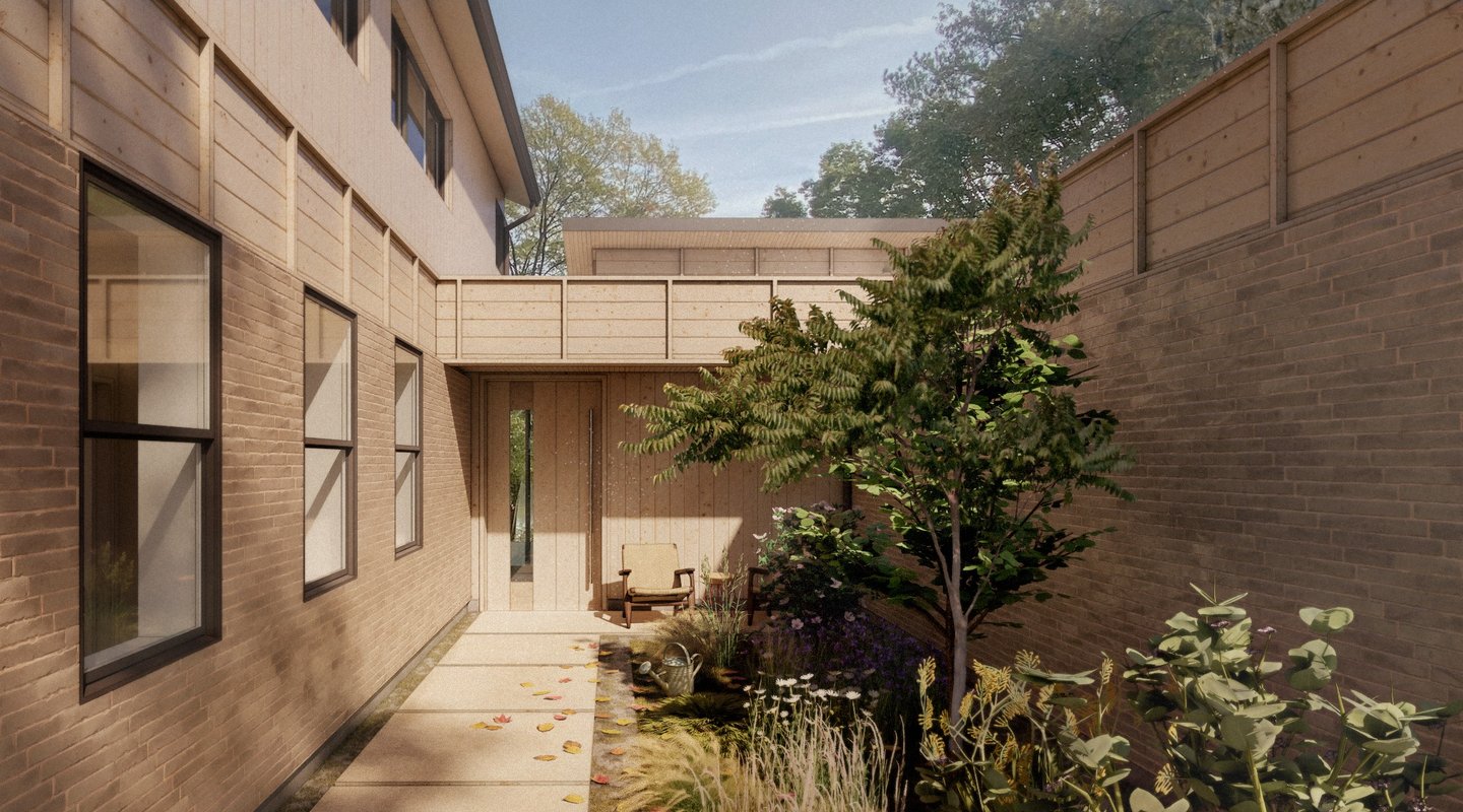 Modern brick and wood home entry courtyard with a minimal garden