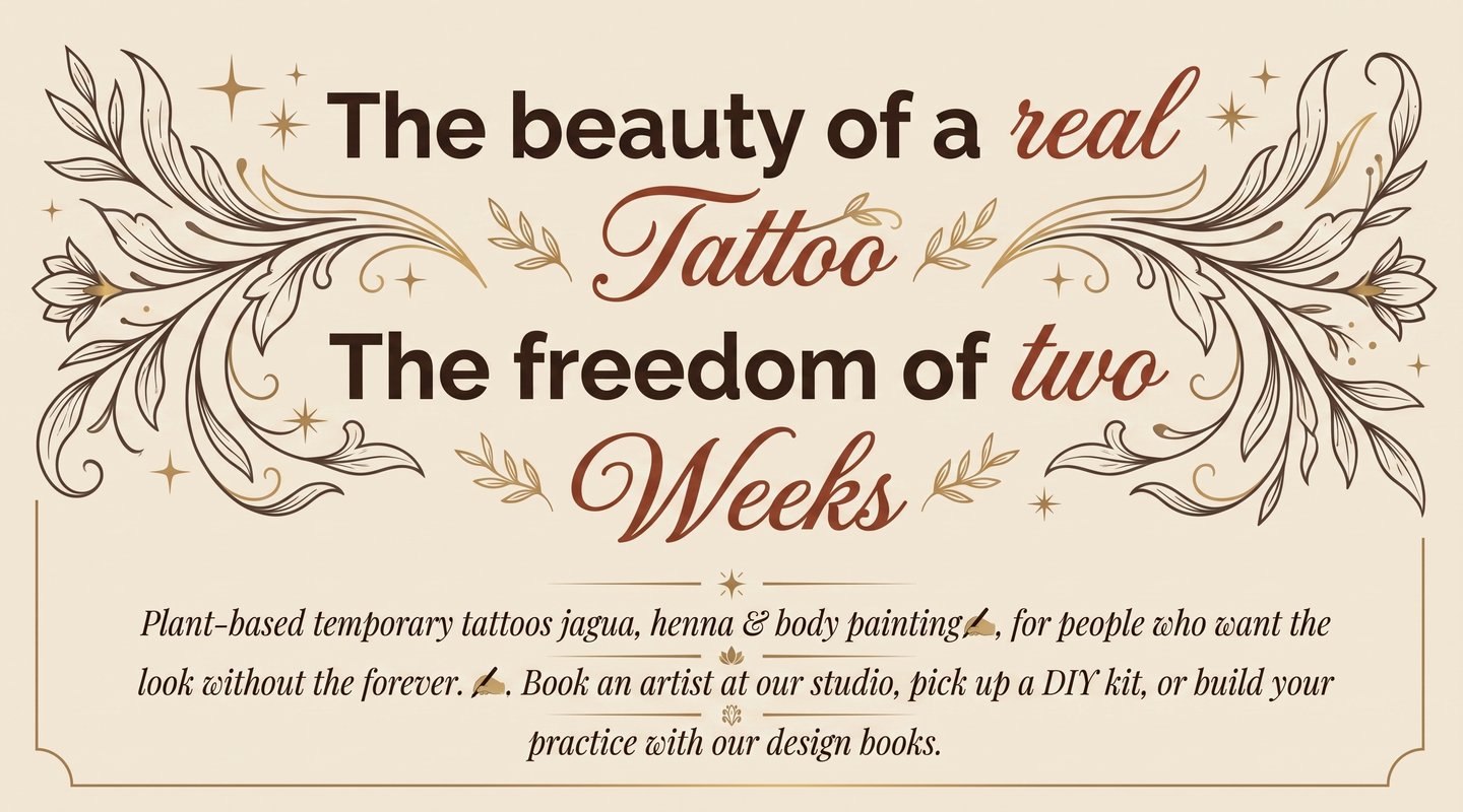 Elegant advertisement for plant-based temporary tattoos, henna, and jagua body art services and DIY kits.