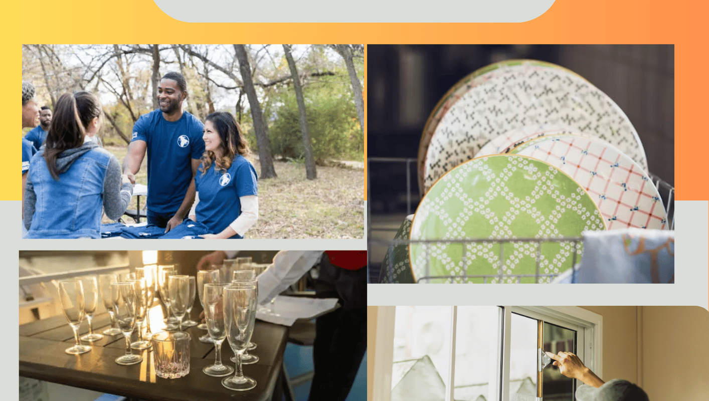 a man shaking a lady with a man cleaning the window