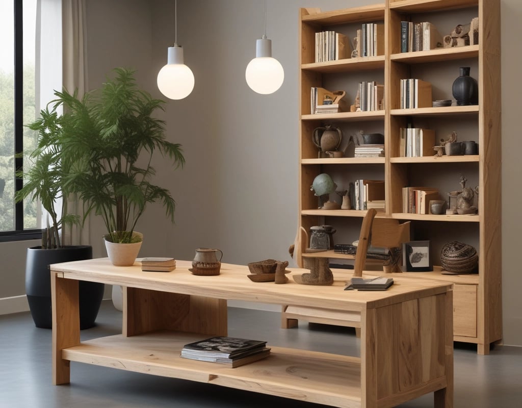 A wooden chair with a modern, angular design is placed against a dark background. The chair appears to have a distinctive, geometric pattern on the backrest and armrests, showcasing intricate craftsmanship in the woodwork.