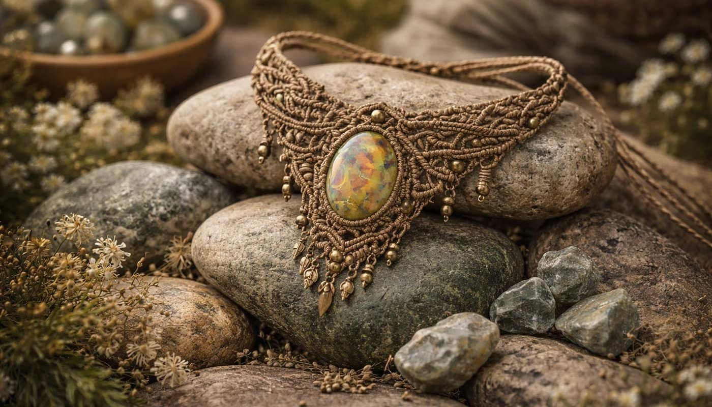 Handmade macrame necklace with an oval gemstone pendant resting on natural river stones.
