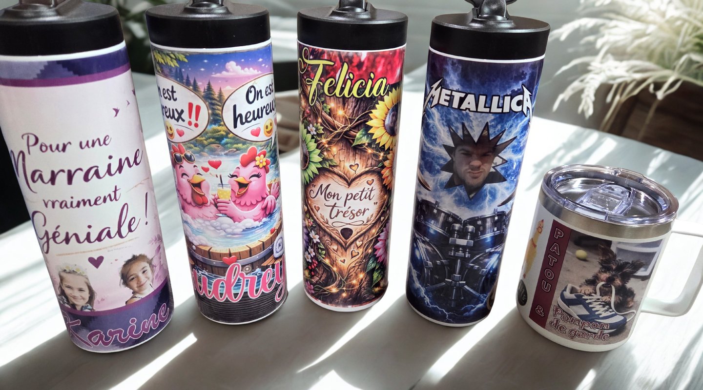 Custom sublimation tumblers and a coffee mug with personalized graphics and photos on a white table.