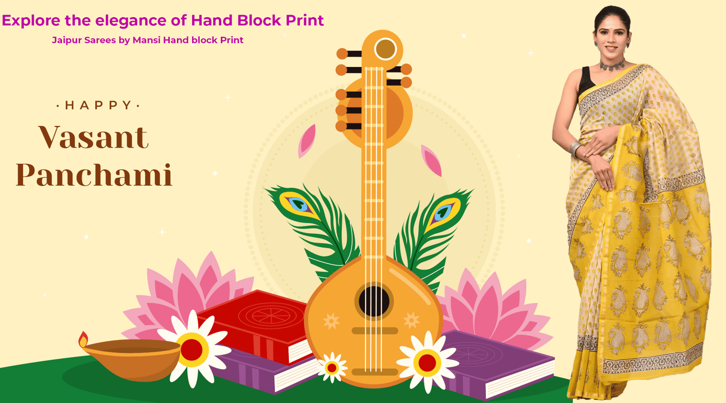 Celebrate the February's festival Basant Panchami with Mansi Hand Block Print Bagru. Mansi Hand Bloc