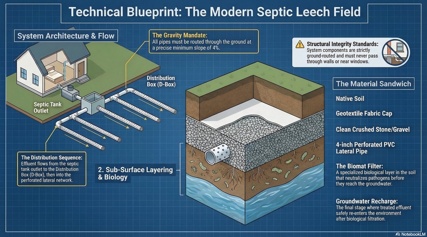 Technical diagram showing a modern septic leach field system architecture, soil layering, and PVC lateral pipes.