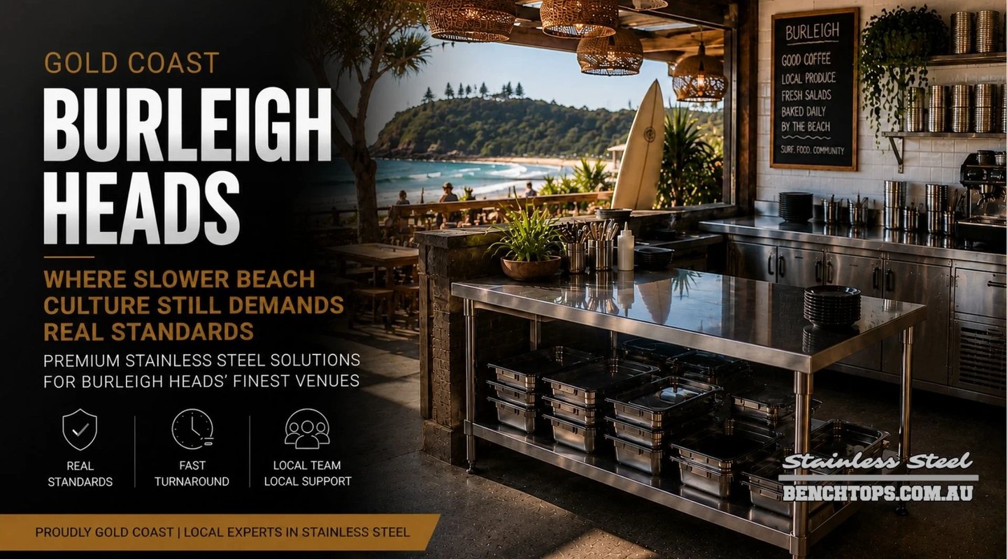 Open-air restaurant kitchen island featuring a heavy-duty stainless steel bench Burleigh Heads.