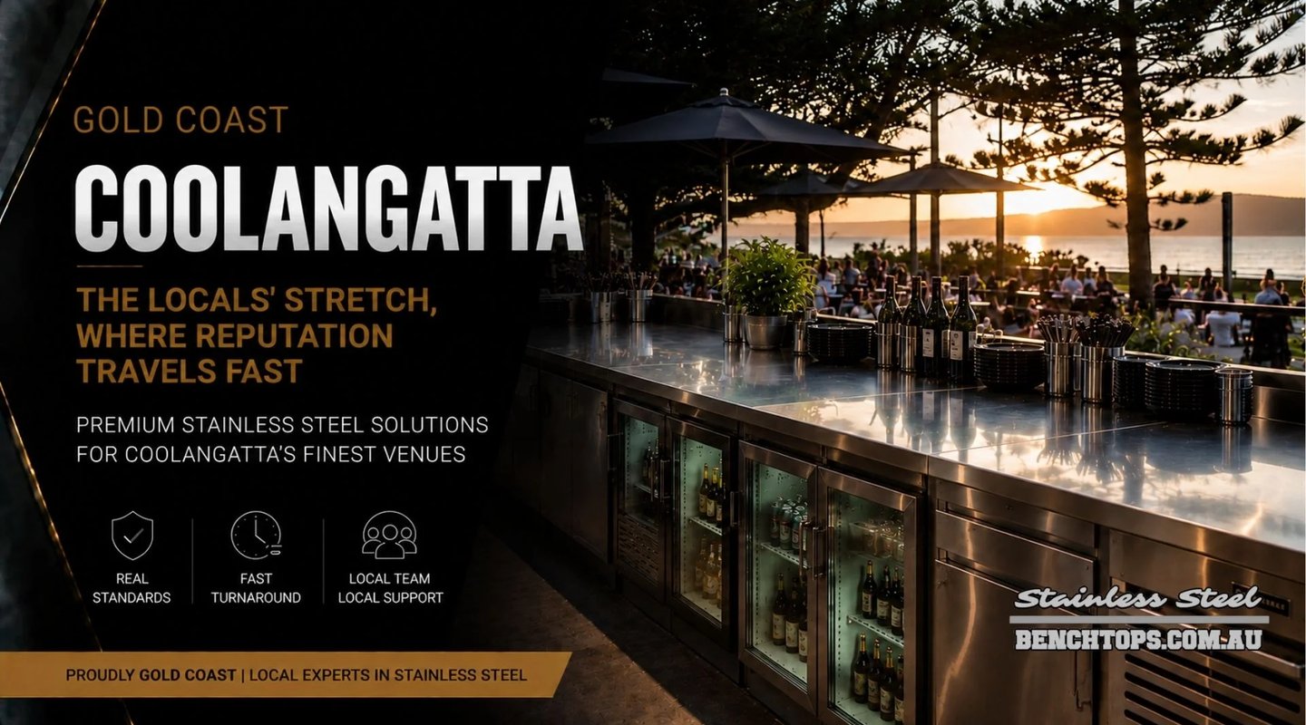 Custom outdoor bar service line showcasing a stainless steel bench Coolangatta.