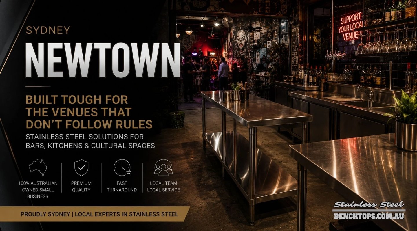 Custom commercial bar island and stainless steel bench Newtown in a moody venue.