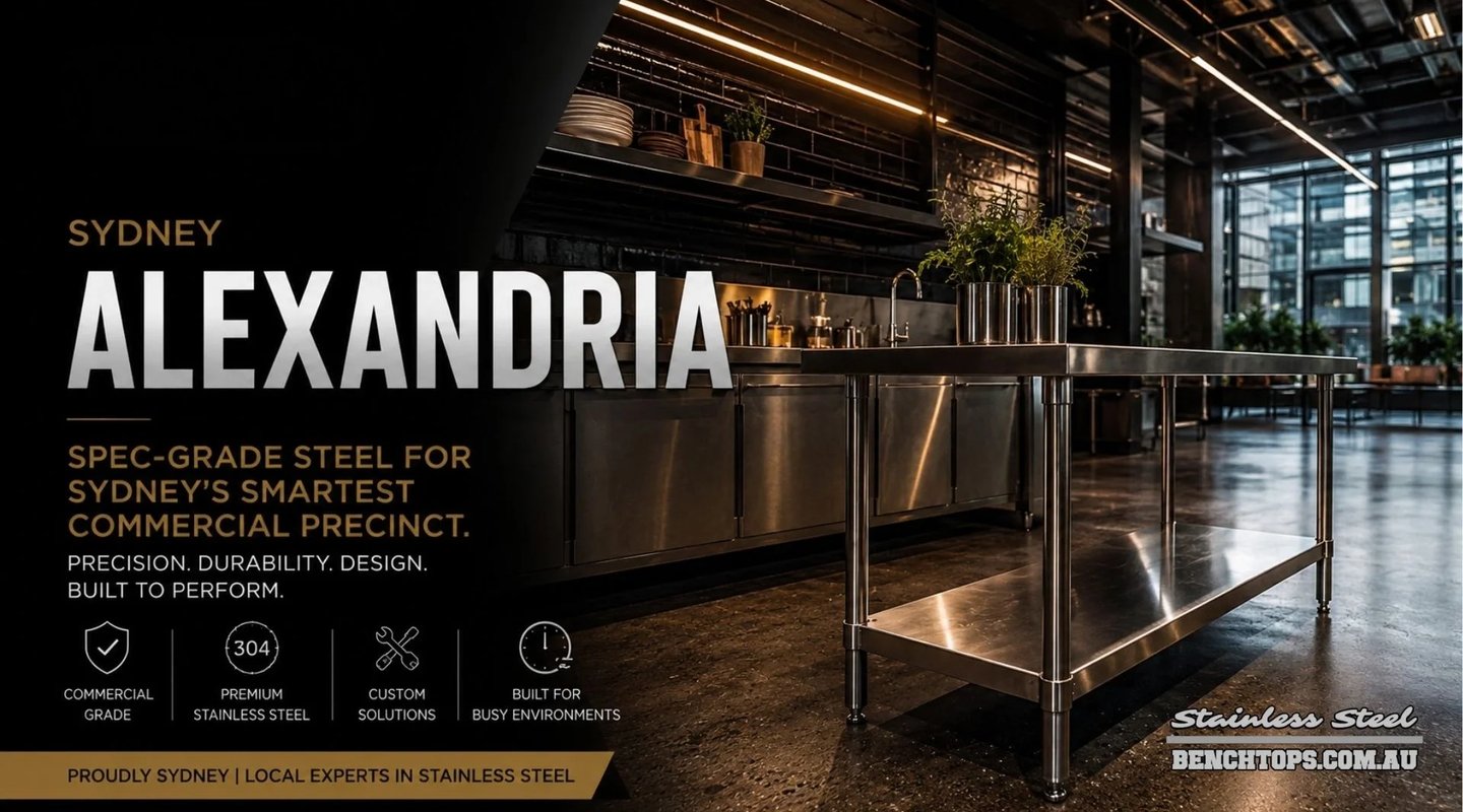 Modern commercial kitchen setup with a heavy-duty stainless steel bench Alexandria.
