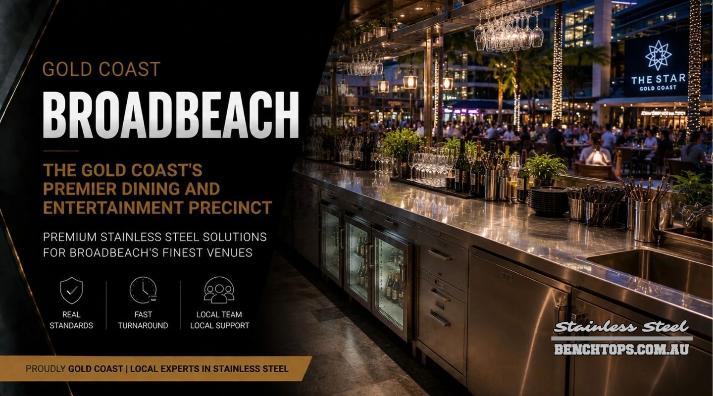 Custom outdoor venue service line showcasing a stainless steel bench Broadbeach.