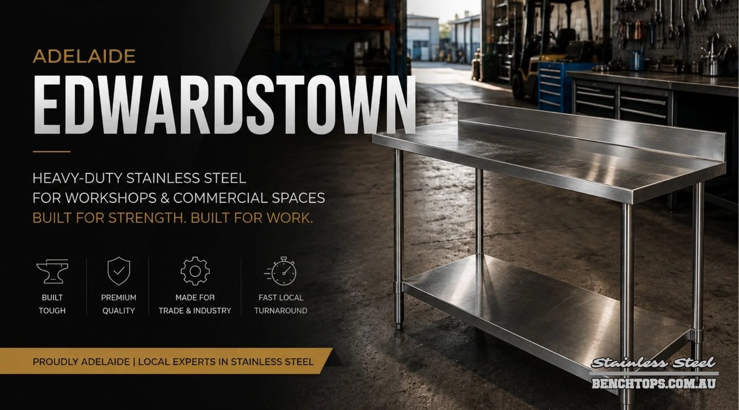Industrial work table and heavy-duty stainless steel bench Edwardstown in a workshop.