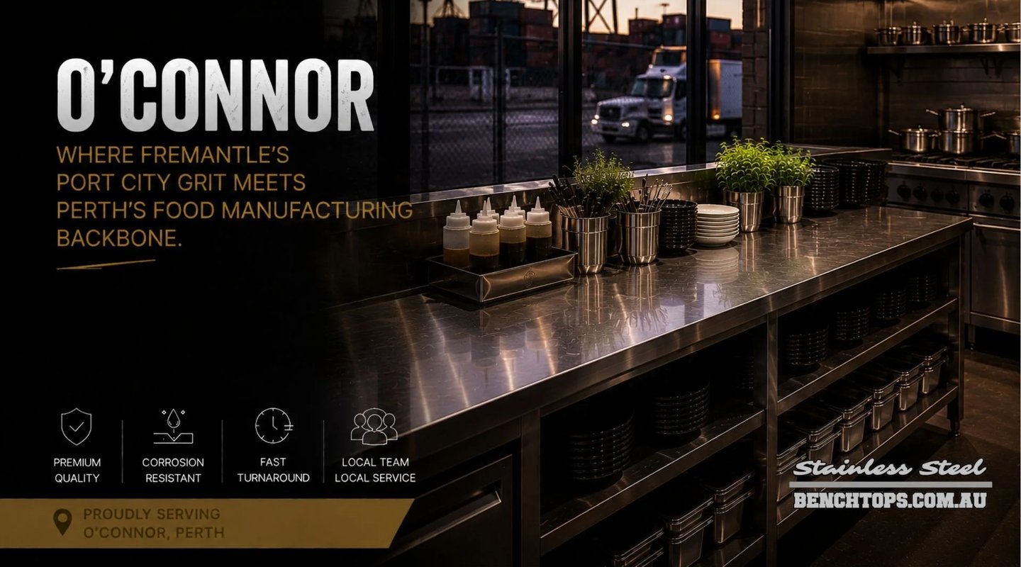 Custom kitchen service counter showcasing a heavy-duty stainless steel bench O'Connor.