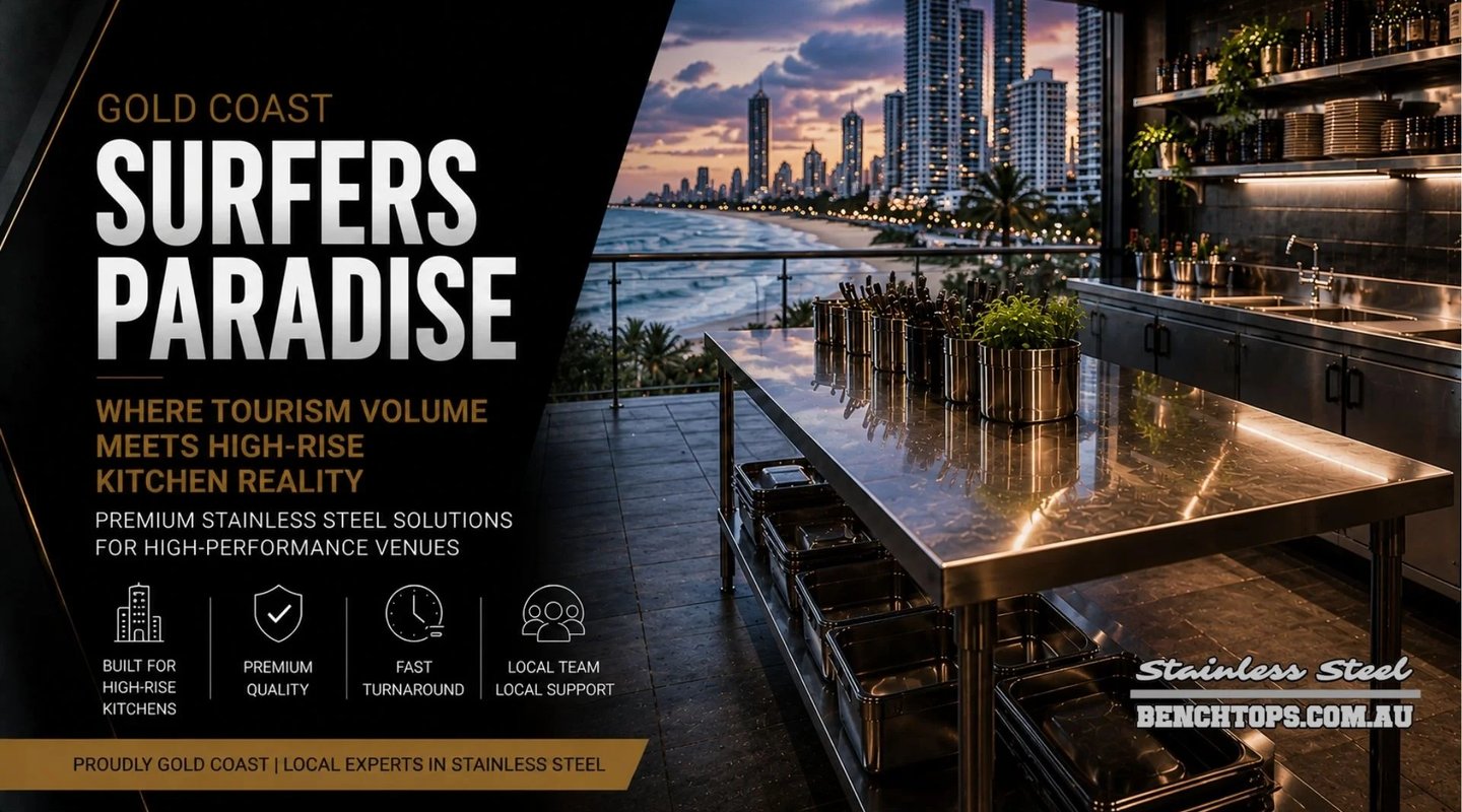 Custom commercial island counter and stainless steel bench Surfers Paradise overlooking the beach.