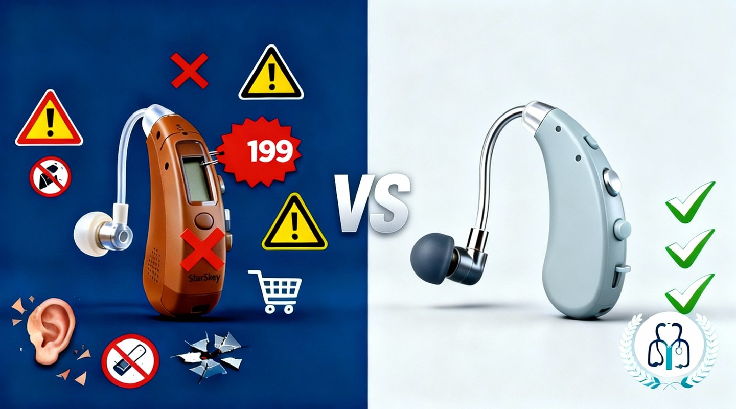 Risco de amplificadores baratos vs benefícios de aparelhos auditivos profissionais reais