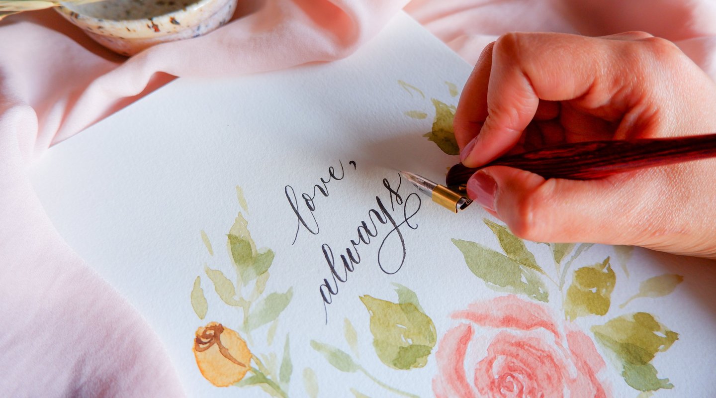 Handwritten calligraphy with floral watercolor saying Love Always by NYC calligrapher Belle Llorin.