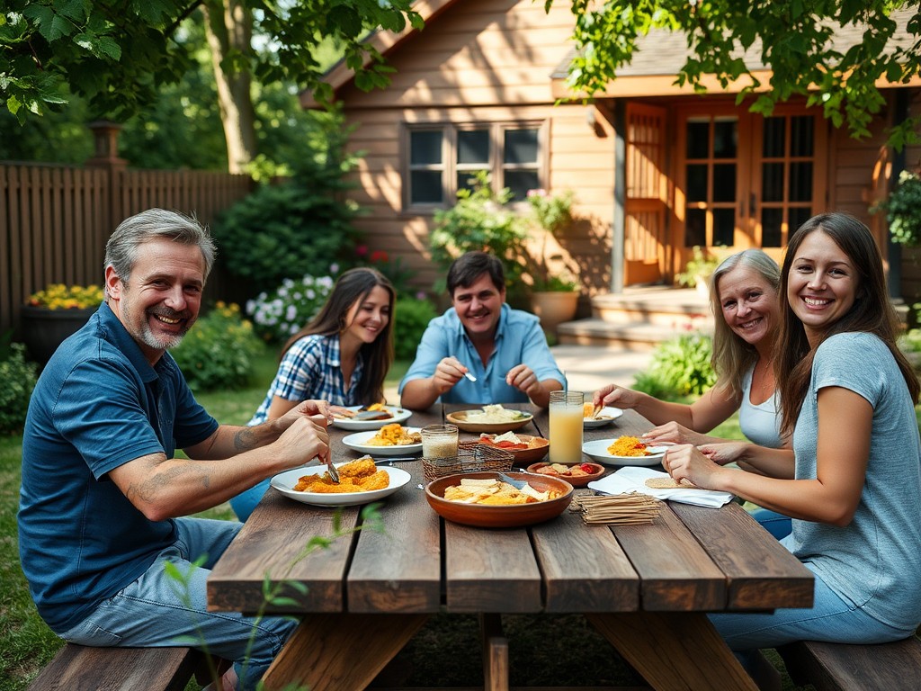 a group of people sitting at a table with food - Real Estate in Florida
