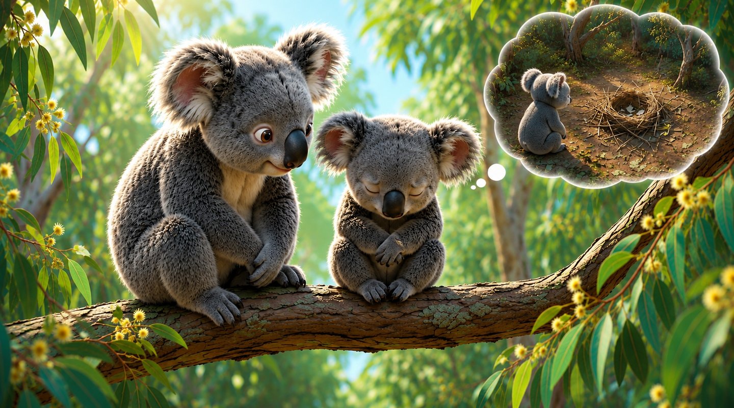 Two cute cartoon koalas sitting on a eucalyptus tree branch with a thought bubble of a nest.