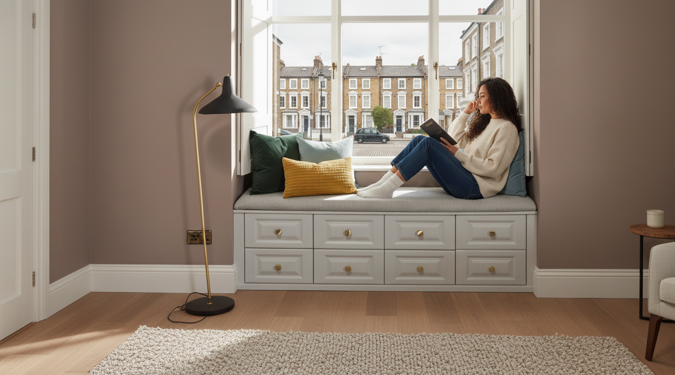 a woman sitting on a window sill with a book and a cup of coffee  Nour Nagy Designs London interior 