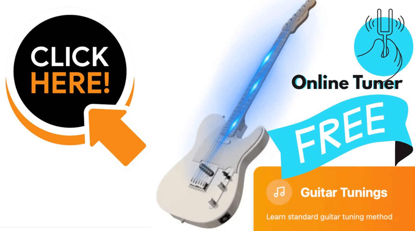 Free online guitar tuner tool featuring a glowing electric guitar and standard tuning methods.