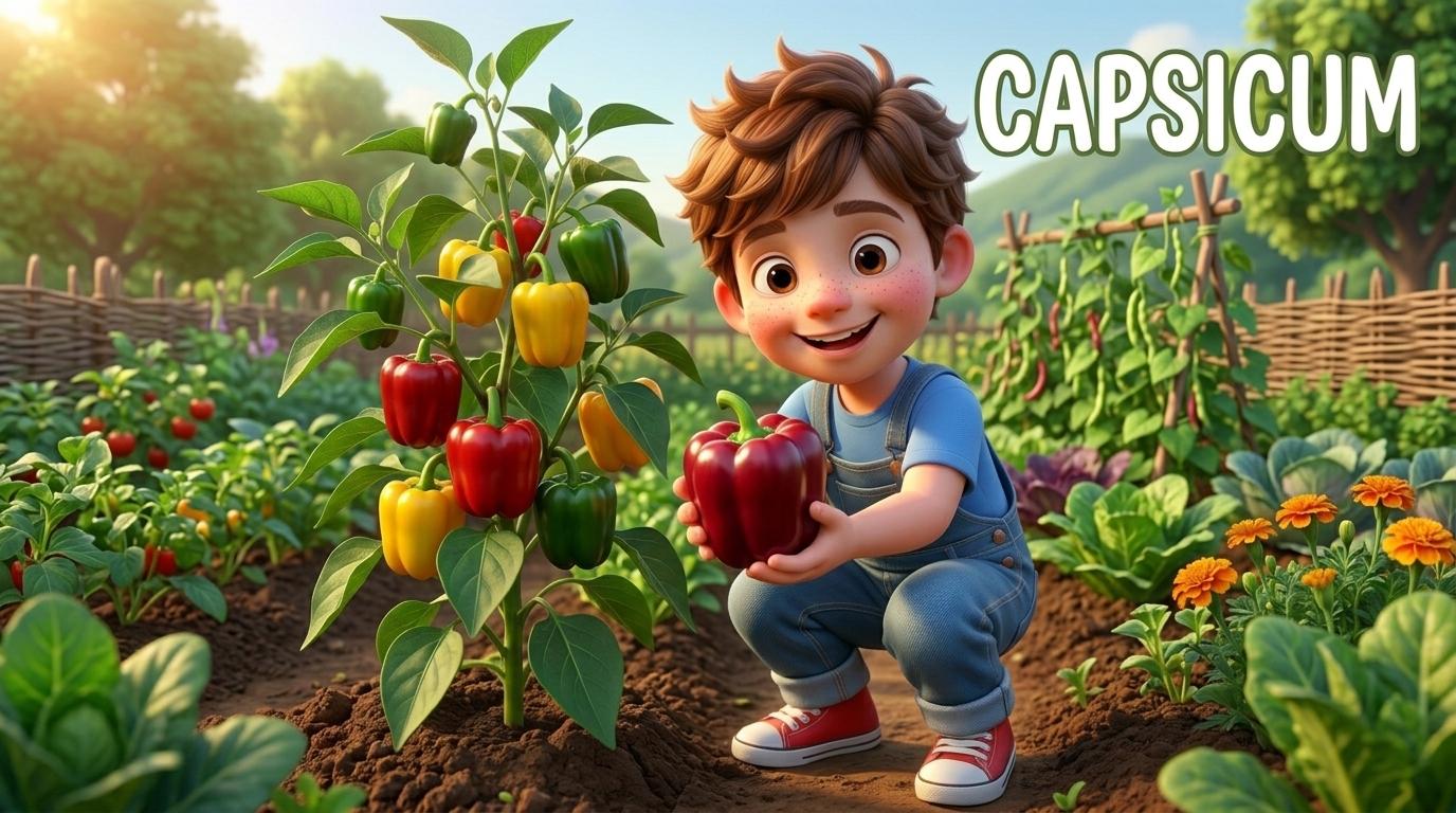 A cartoon boy picking a ripe red capsicum in a sunny vegetable garden with bell pepper plants.
