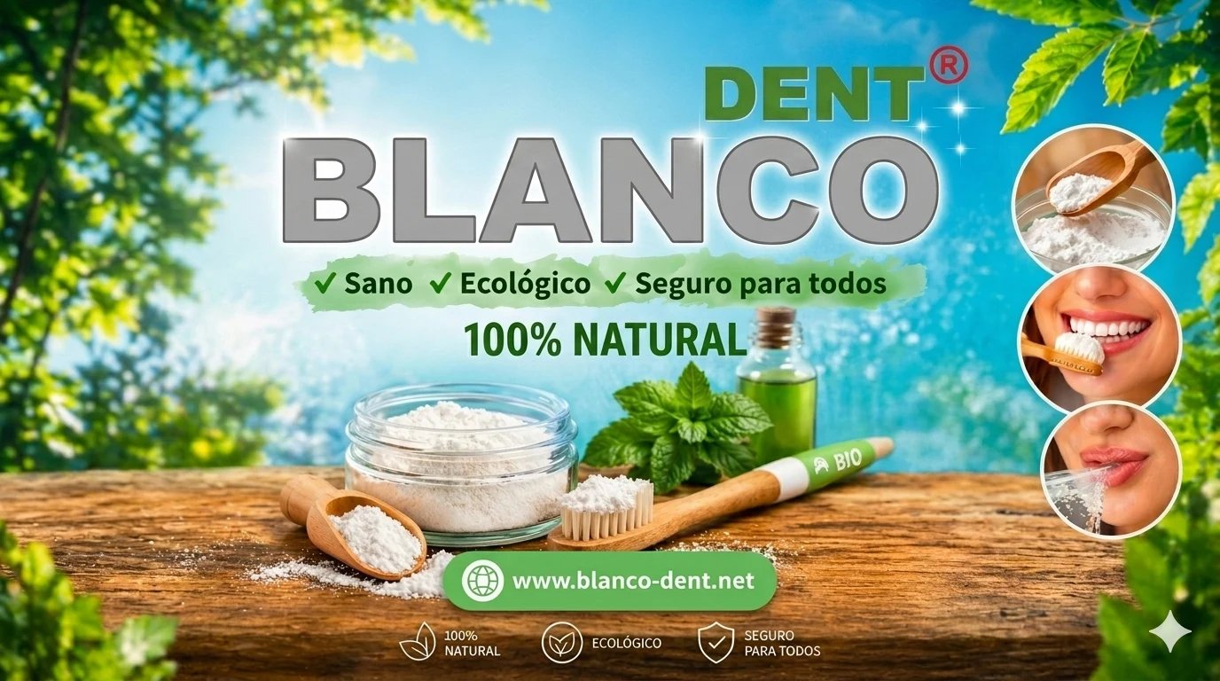 Polvo blanqueador dental Natural Blancodent con un cepillo de dientes de bambú sobre una superficie