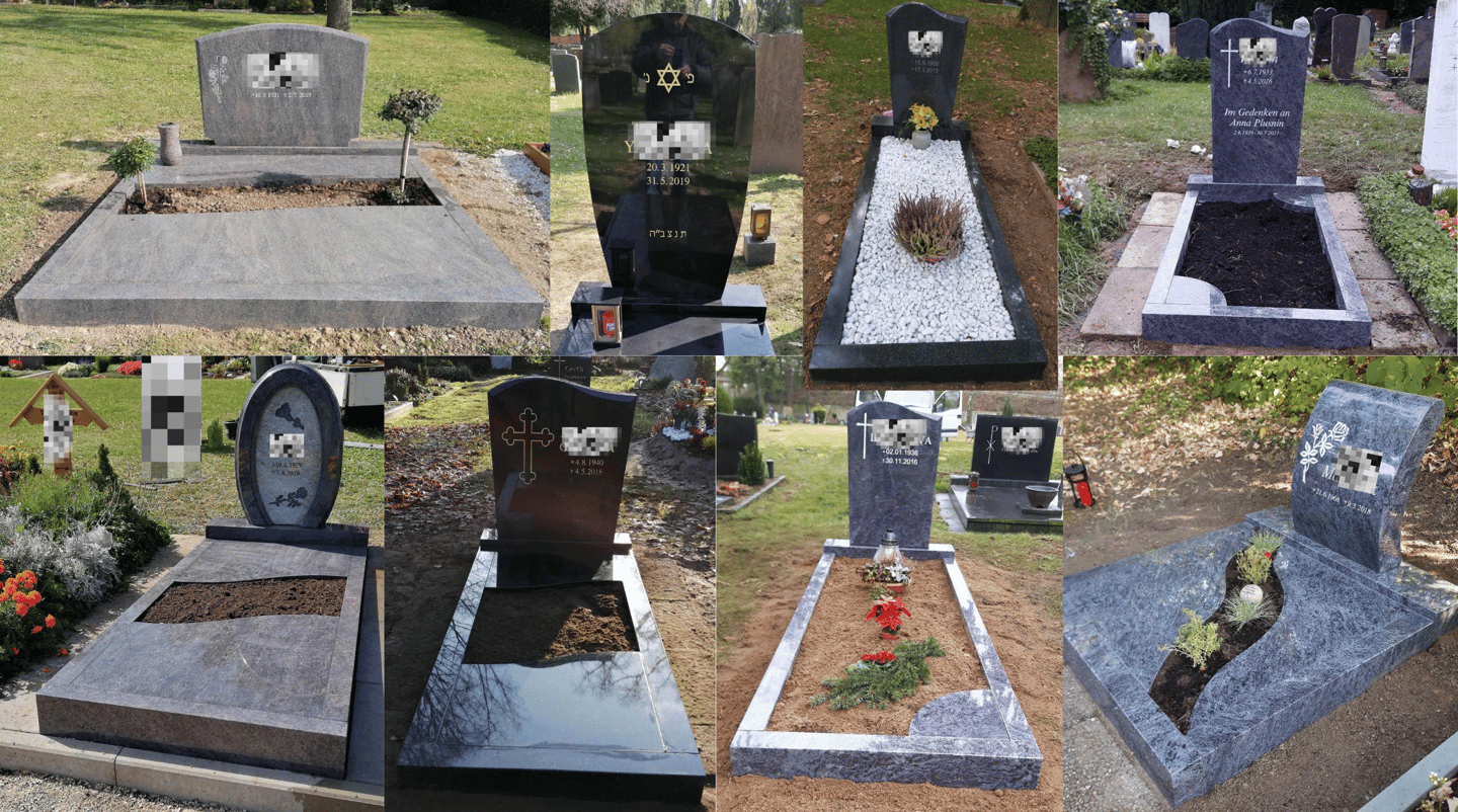Verschiedene Grabmale mit verschiedenen Natursteinen auf dem Friedhof