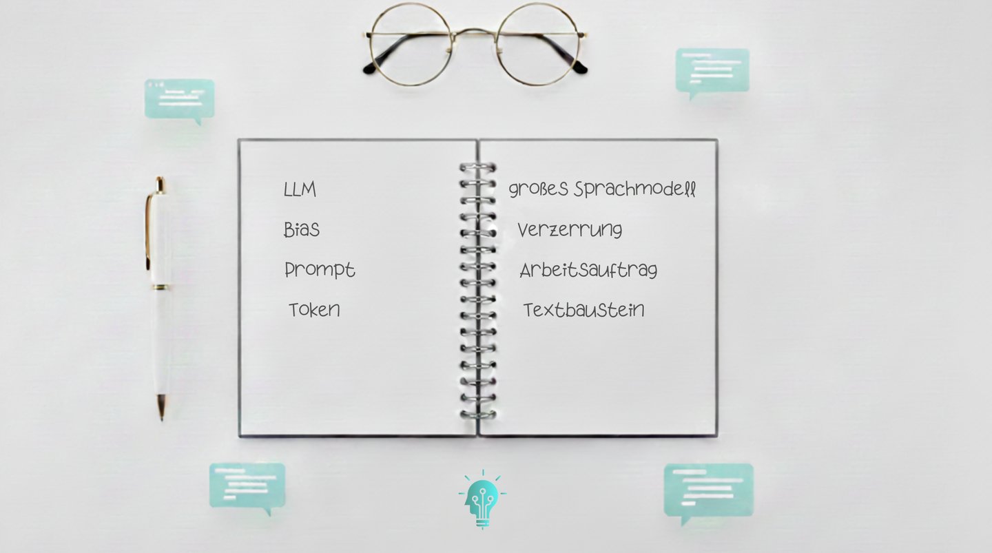 Notizbuch mit Brille und Stift erklärt KI Begriffe LLM, Bias und Prompt in einfacher Alltagssprache