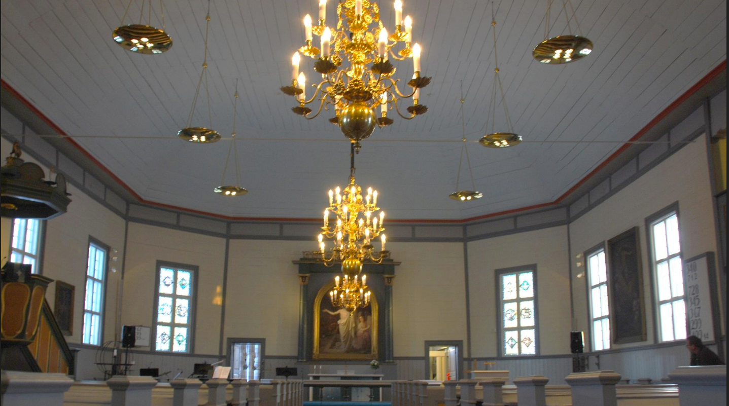 Elegant church interior featuring ornate gold chandeliers and religious altar artwork.