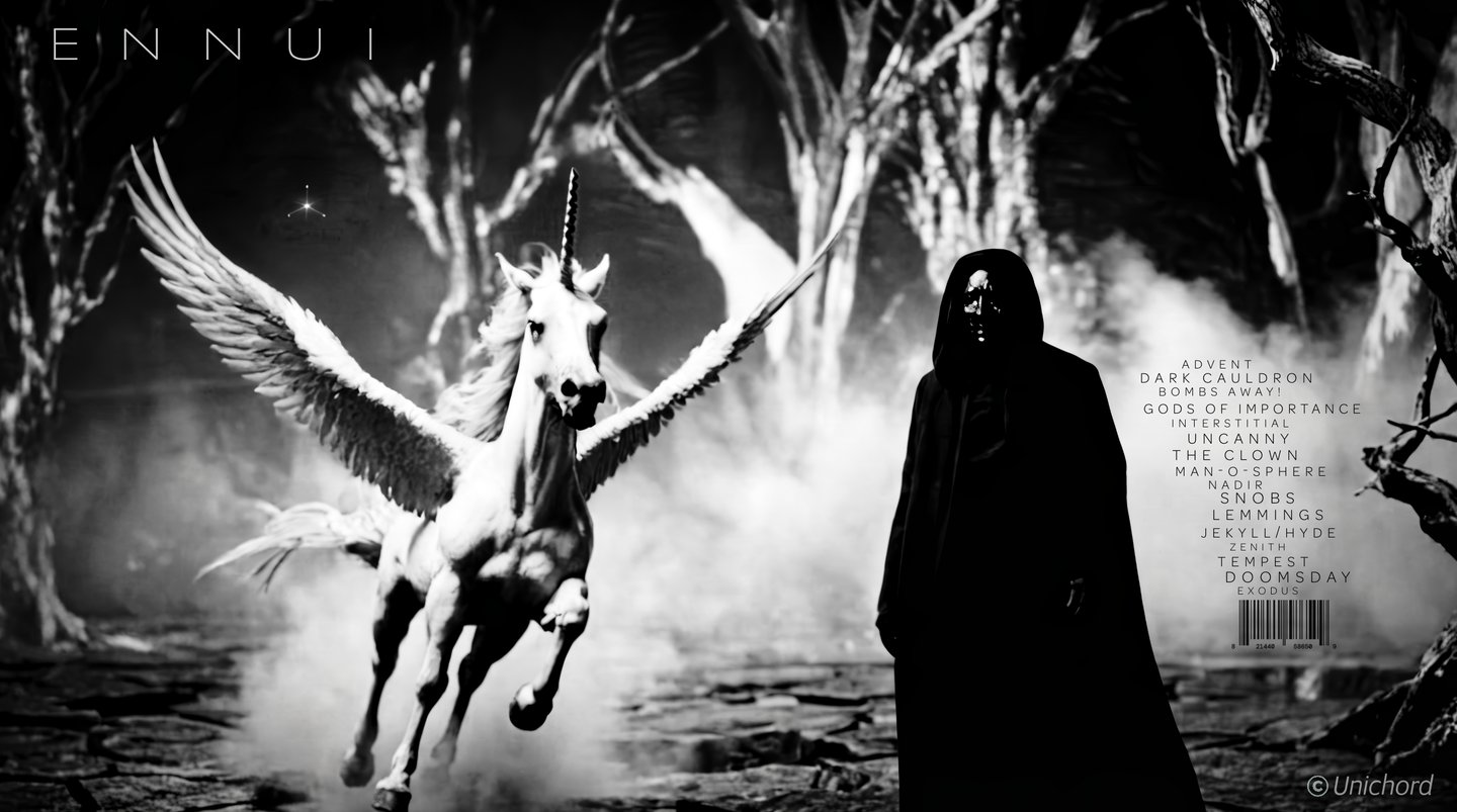 Winged unicorn and man in black cloak and sadface mask.