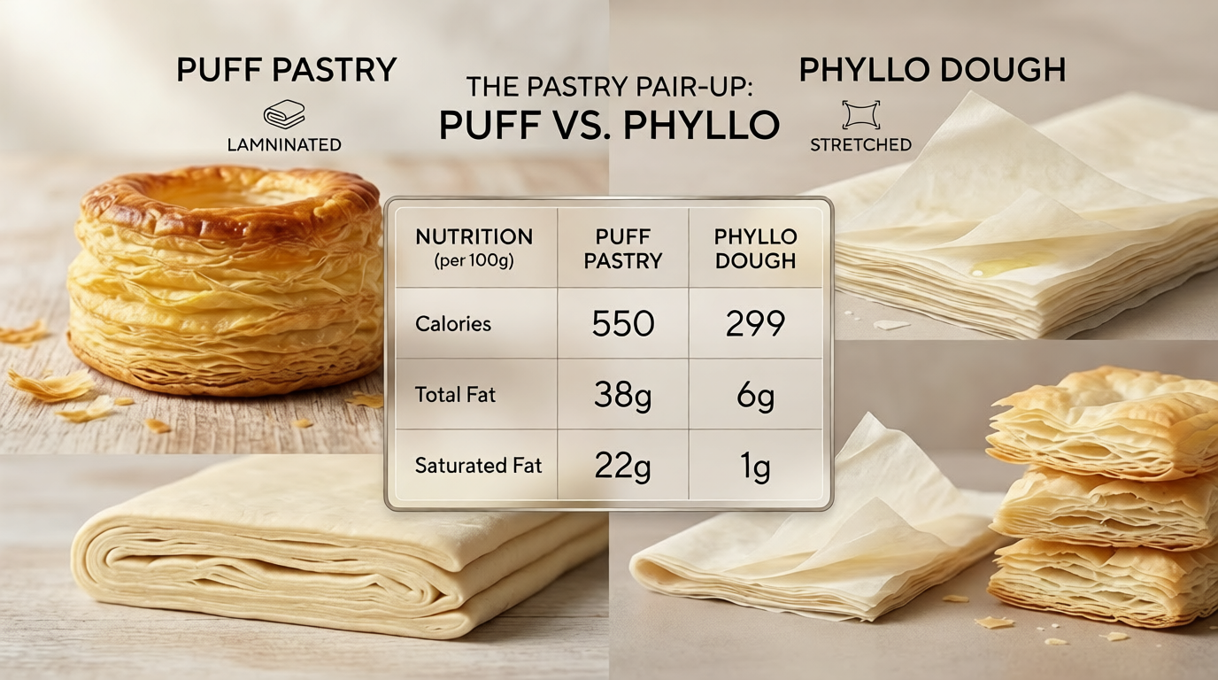 Comparison table showing puff pastry vs phyllo dough calories, total fat, and saturated fat differen