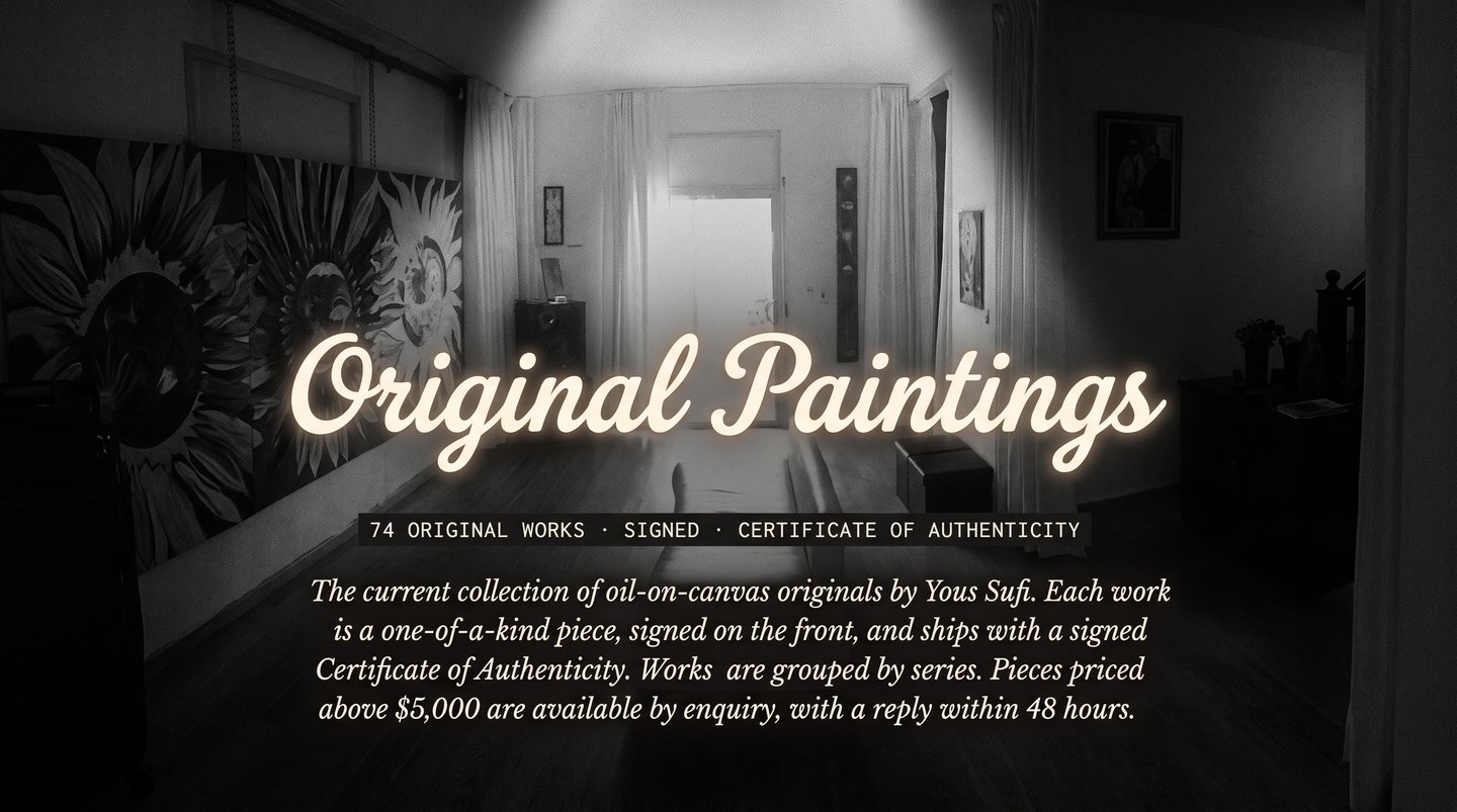 Original oil-on-canvas paintings by Yous Sufi displayed in a dimly lit art gallery setting.