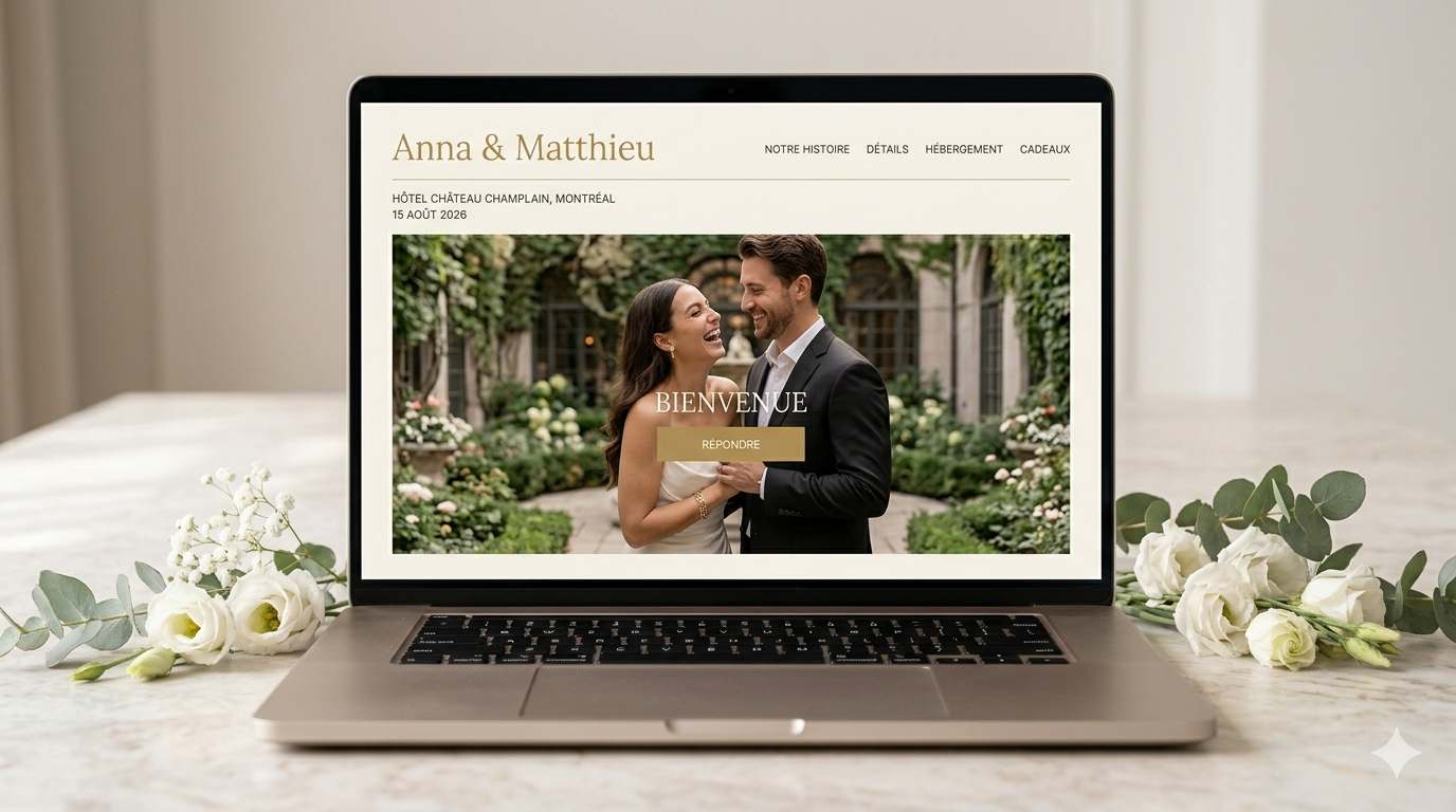 Custom wedding website design displayed on a laptop with white floral decorations.