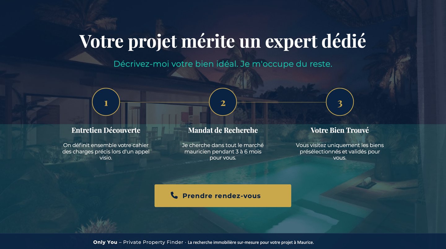 Three-step real estate search process for luxury properties in Mauritius with pool background.