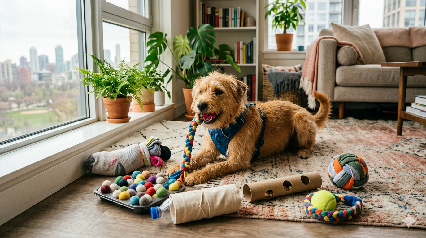 Um cachorro com um dos seus brinquedos caseiros .