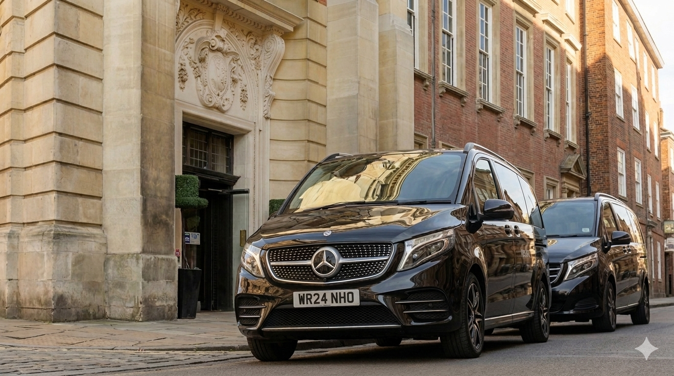 Black Mercedes-Benz V-Class chauffeur cars parked outside a historic stone building in York.