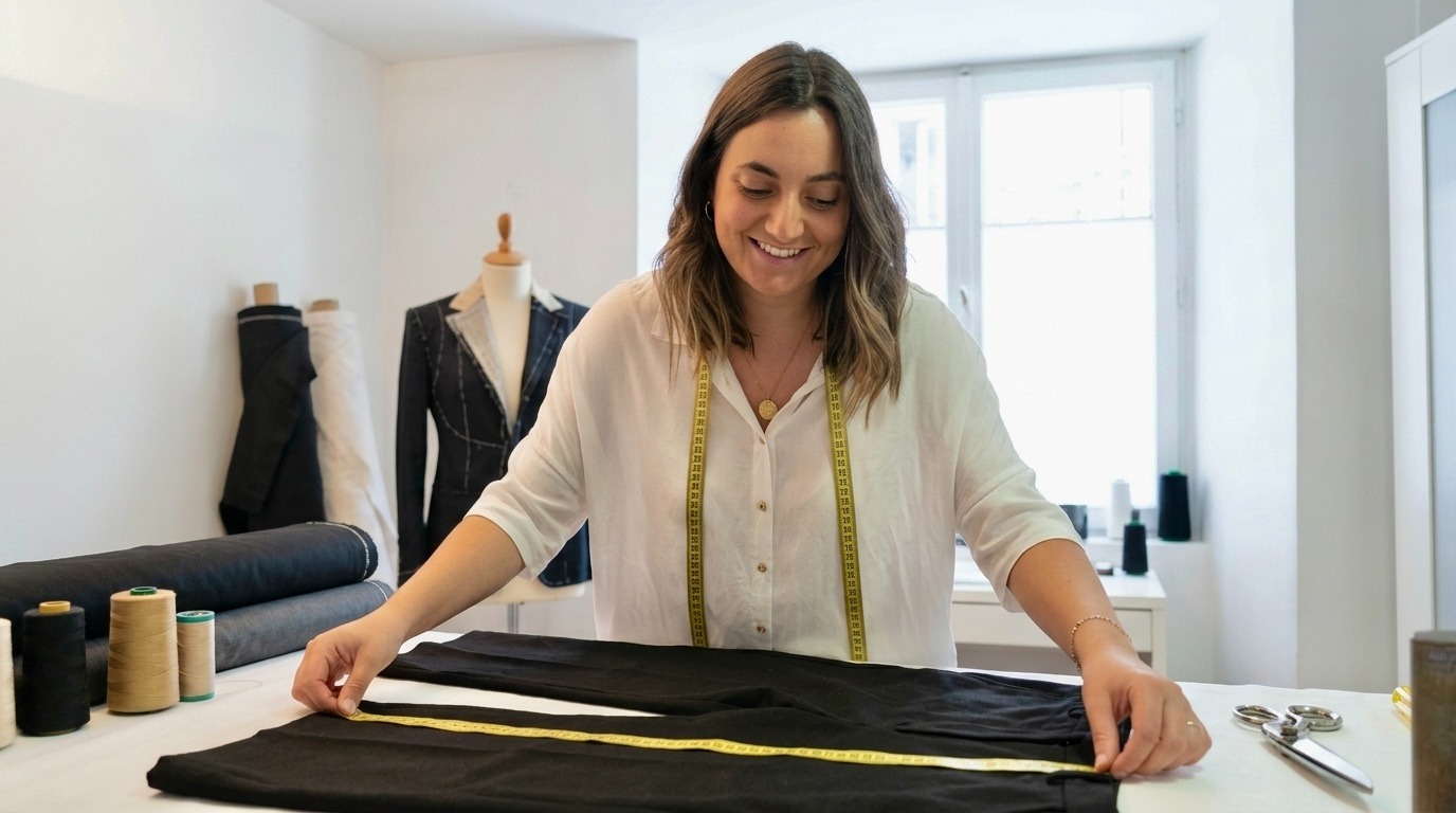 Sandra, profesora de Manrique Studio midiendo una prenda en su taller de confección