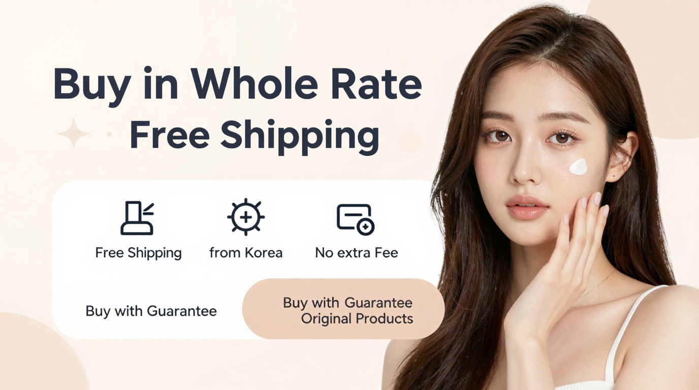 A woman applying Korean skincare with text offering free shipping on original products from Korea.