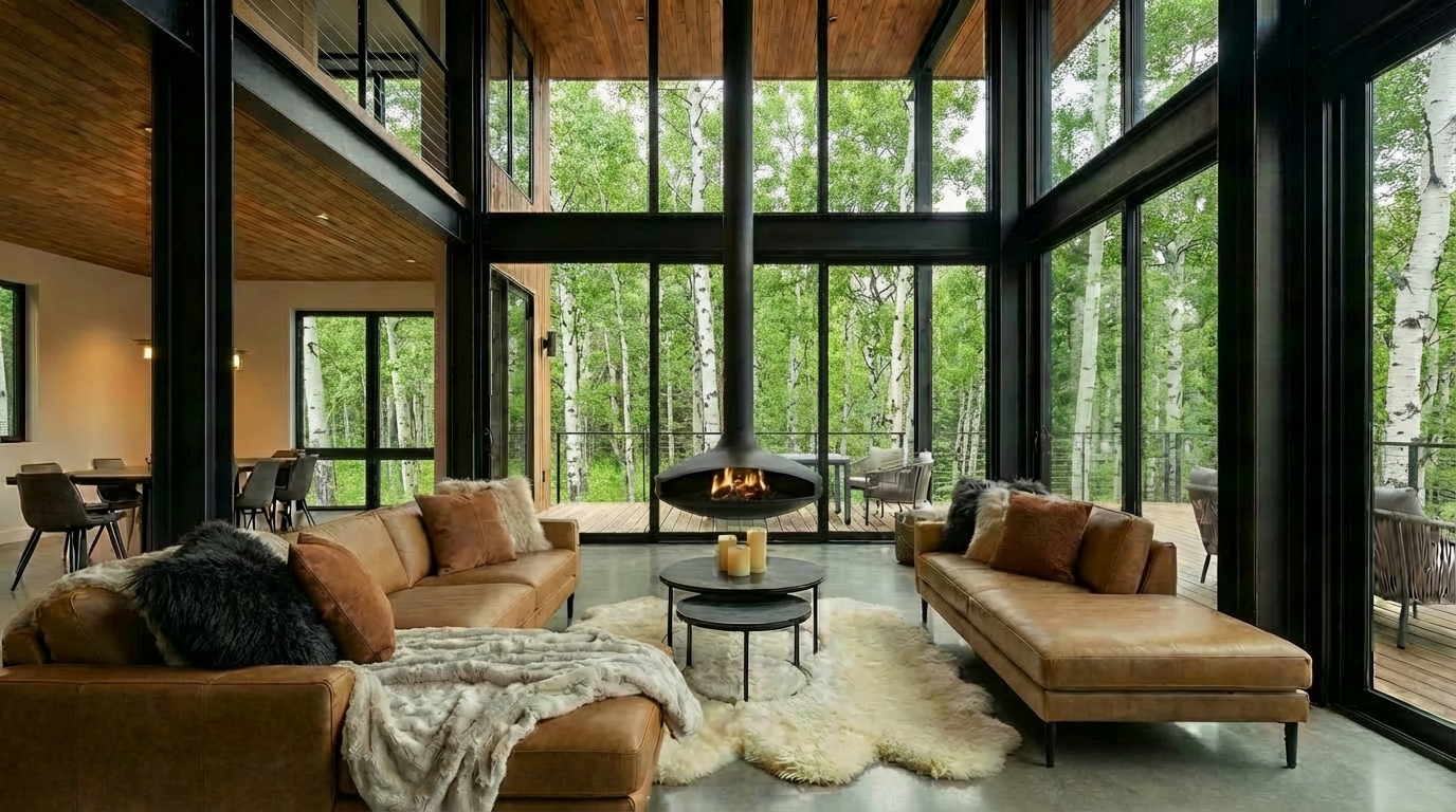 Modern living room with leather sofas, hanging fireplace, and floor-to-ceiling windows overlooking a forest.