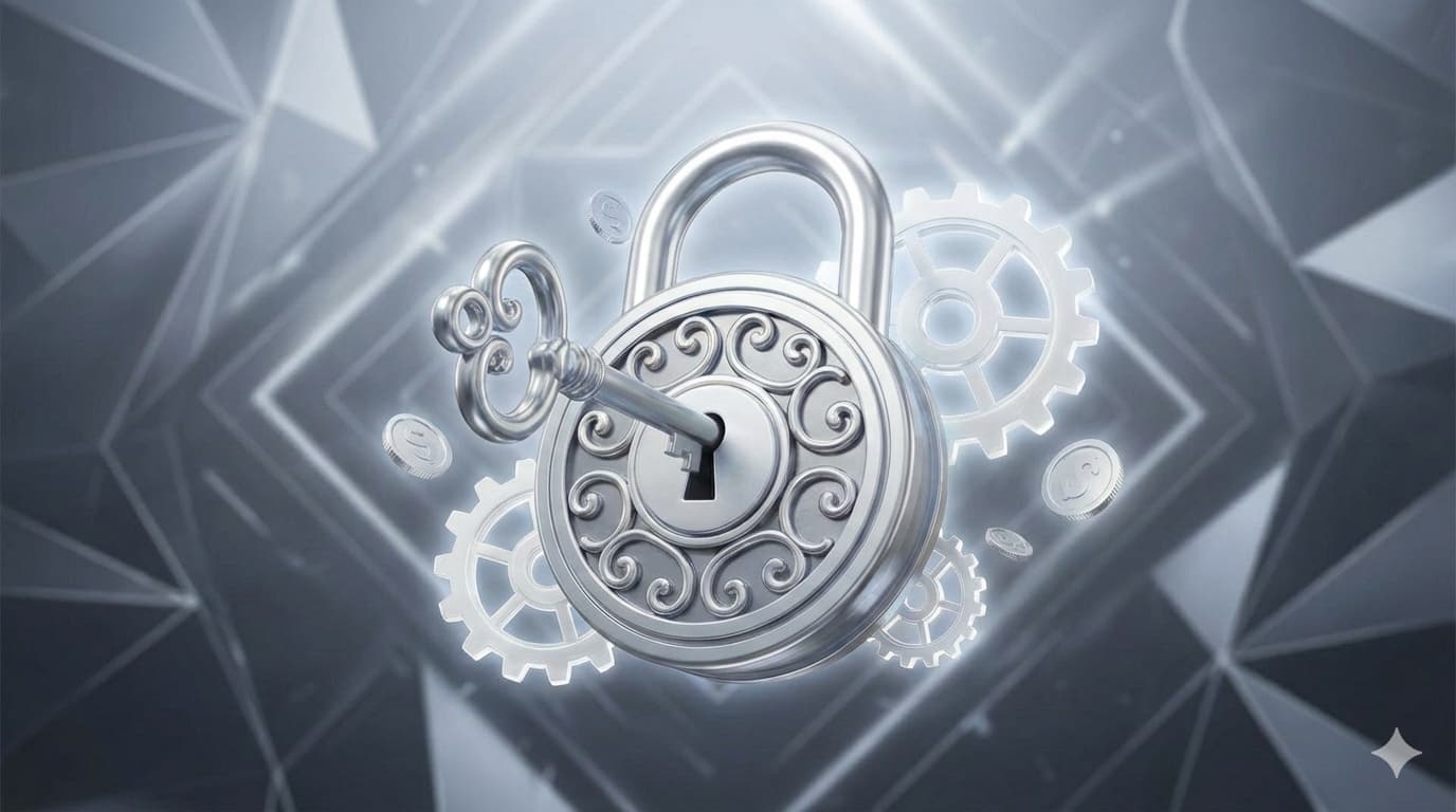 "3D ilustracija srebrnog katanca i ključa sa zupčanicima za Silver escape room paket."